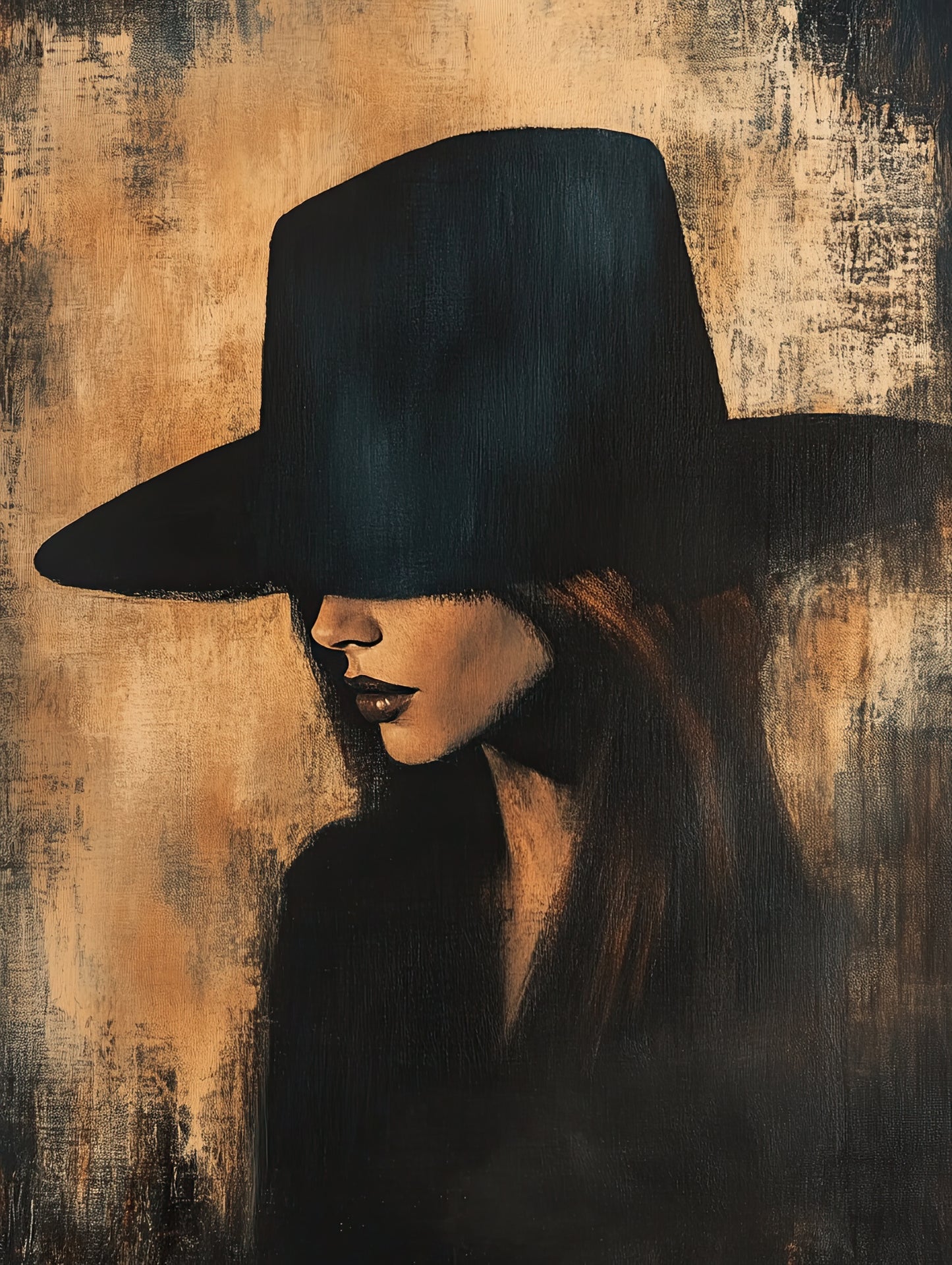Volledige weergave van Verborgen Vlam, gestileerd portret met donkere hoed en koperachtige gloed