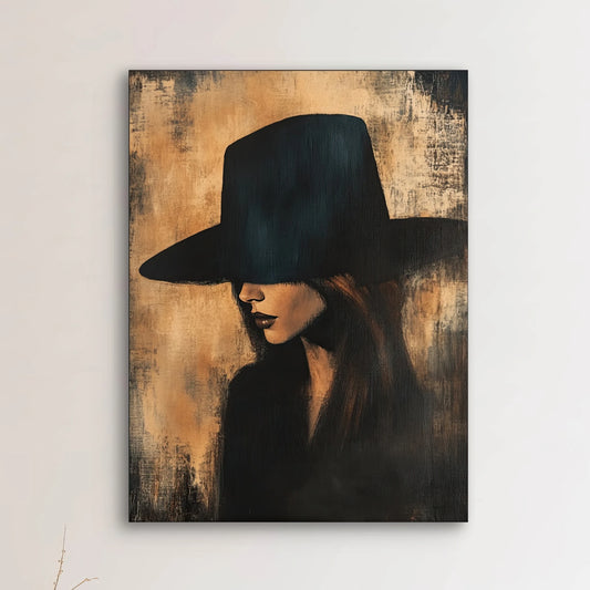 Detail van Verborgen Vlam met vrouw in profiel, grote zwarte hoed en warme roestkleurige achtergrond