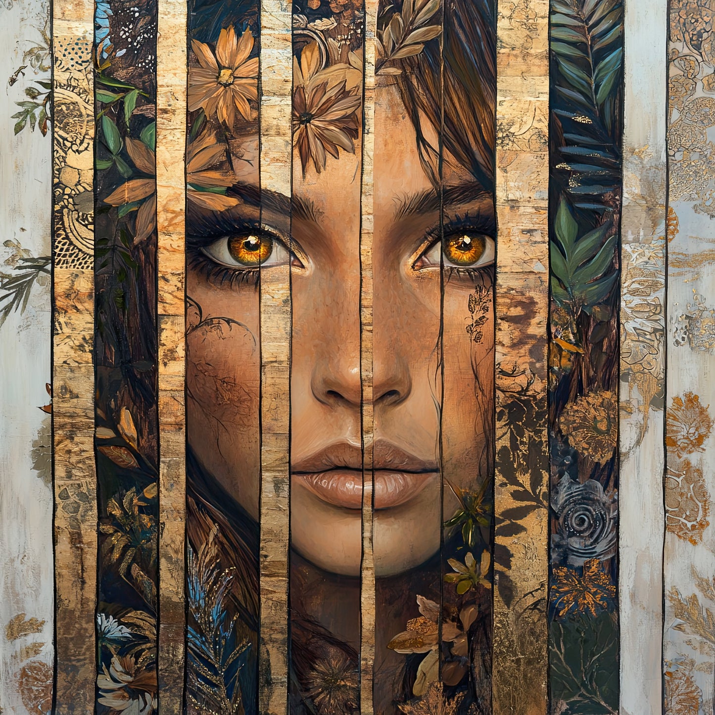 Volledige weergave van Verborgen Woudglans, portret met natuurmotieven, houtstructuur en intense blik