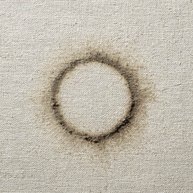 Minimalistisch kunstwerk Verbrand Licht met donkere cirkel op een licht doek in natuurlijke tinten.