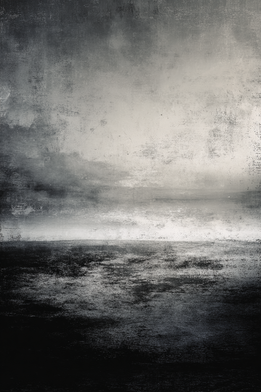 Abstracte compositie in zwart, wit en grijs met horizon en subtiele lichtreflectie