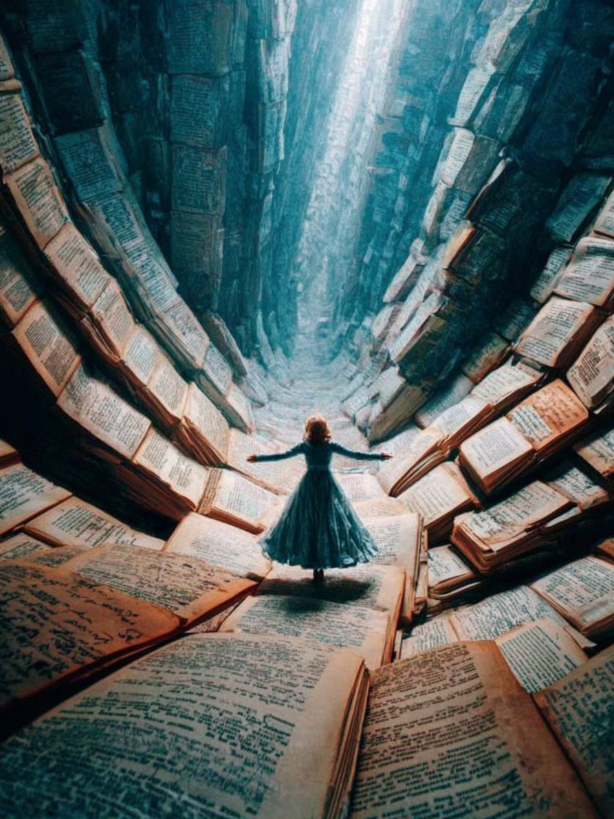 Volledige weergave van Verhaalval met vrouw in jurk tussen oneindige rijen boeken
