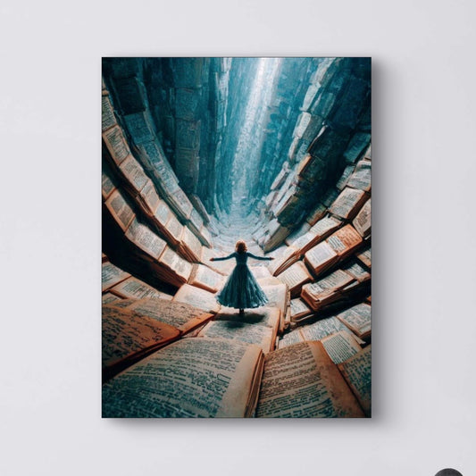 Detail van Verhaalval met vrouw tussen reusachtige open boeken en lichtval