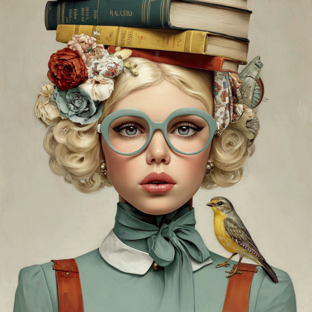 Volledige weergave van Verhalenbloem, portretkunst met boeken en vogel in zachte pasteltinten