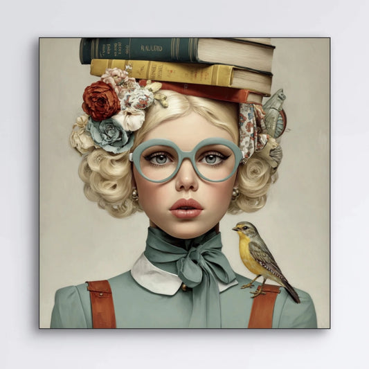 Detail van Verhalenbloem wandkunst met bril, bloemen en subtiele tinten