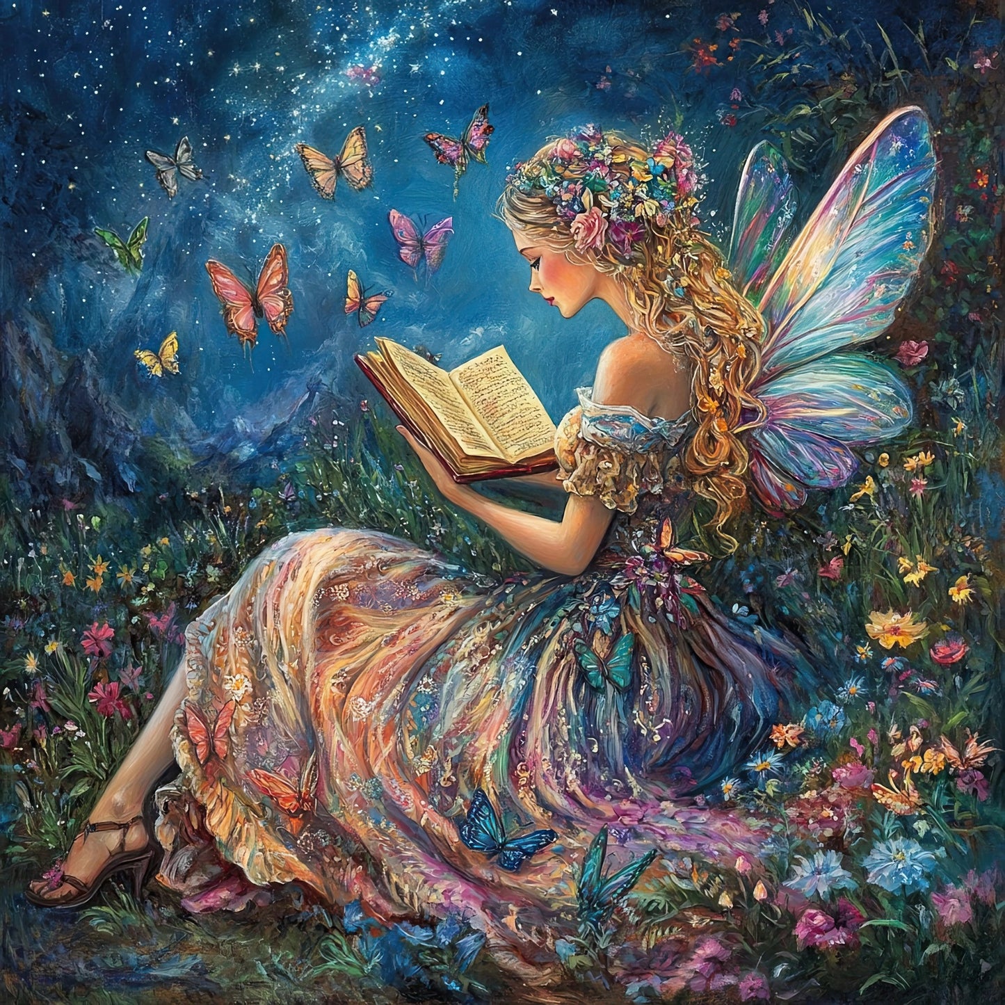 Magisch kunstwerk van een elfje dat leest in een bloemenveld met vlinders en sterrenlicht