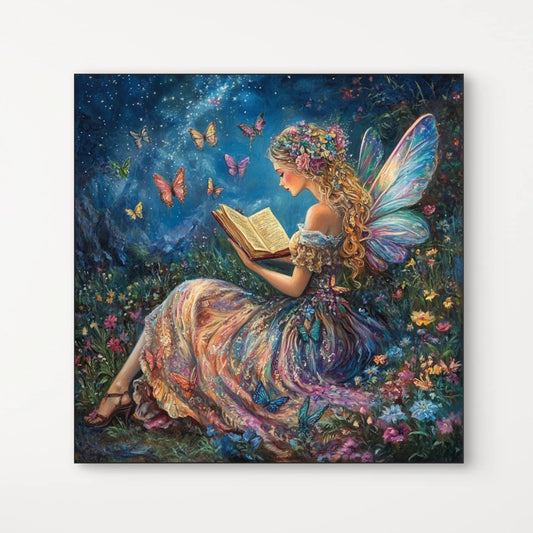 Detail van een elfje met vleugels, bloemenjurk en open boek tussen kleurrijke vlinders