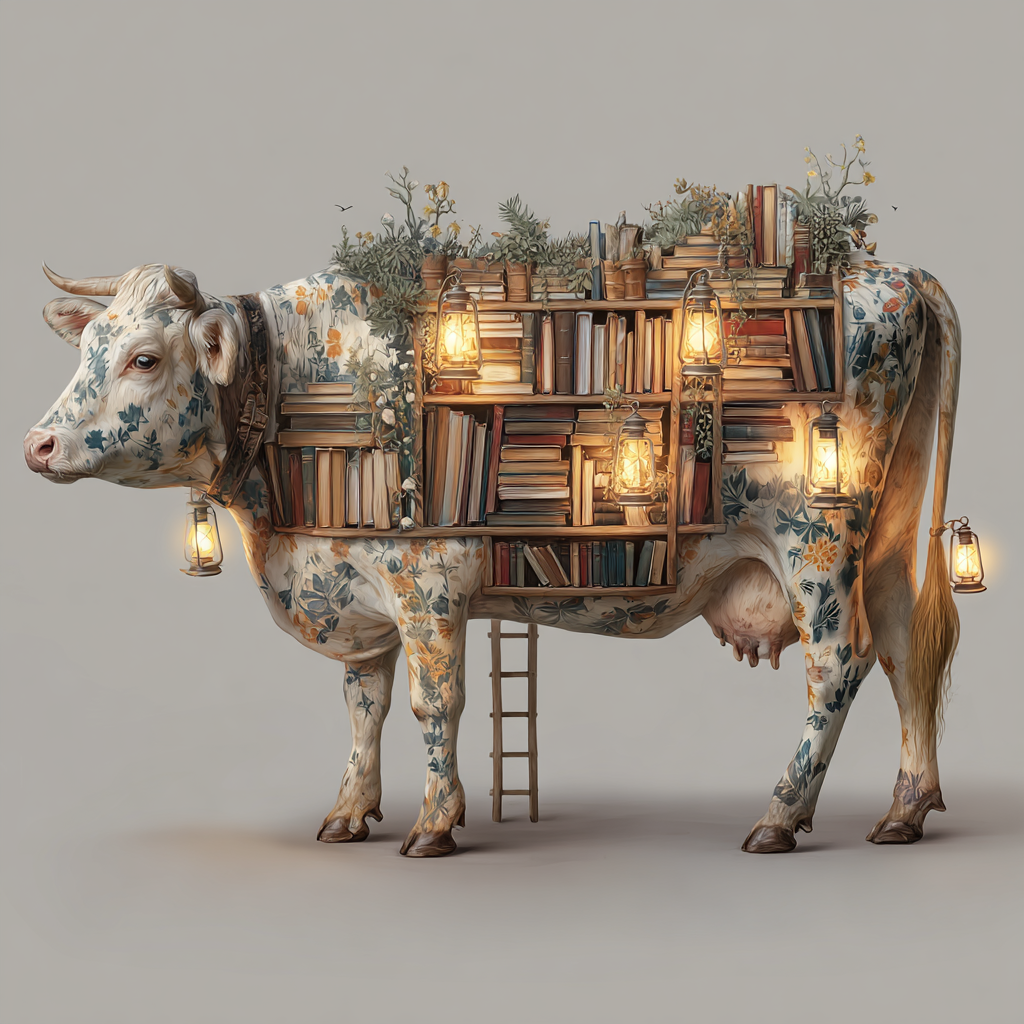 Volledige weergave van Verlichte Bibliotheek met surrealistische koe en lichtjes