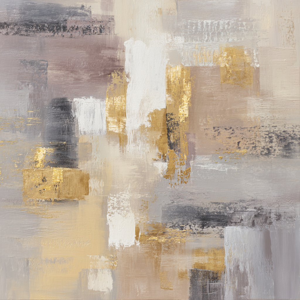 Abstract kunstwerk met een harmonisch spel van beige, wit, grijs en goud op een neutrale achtergrond