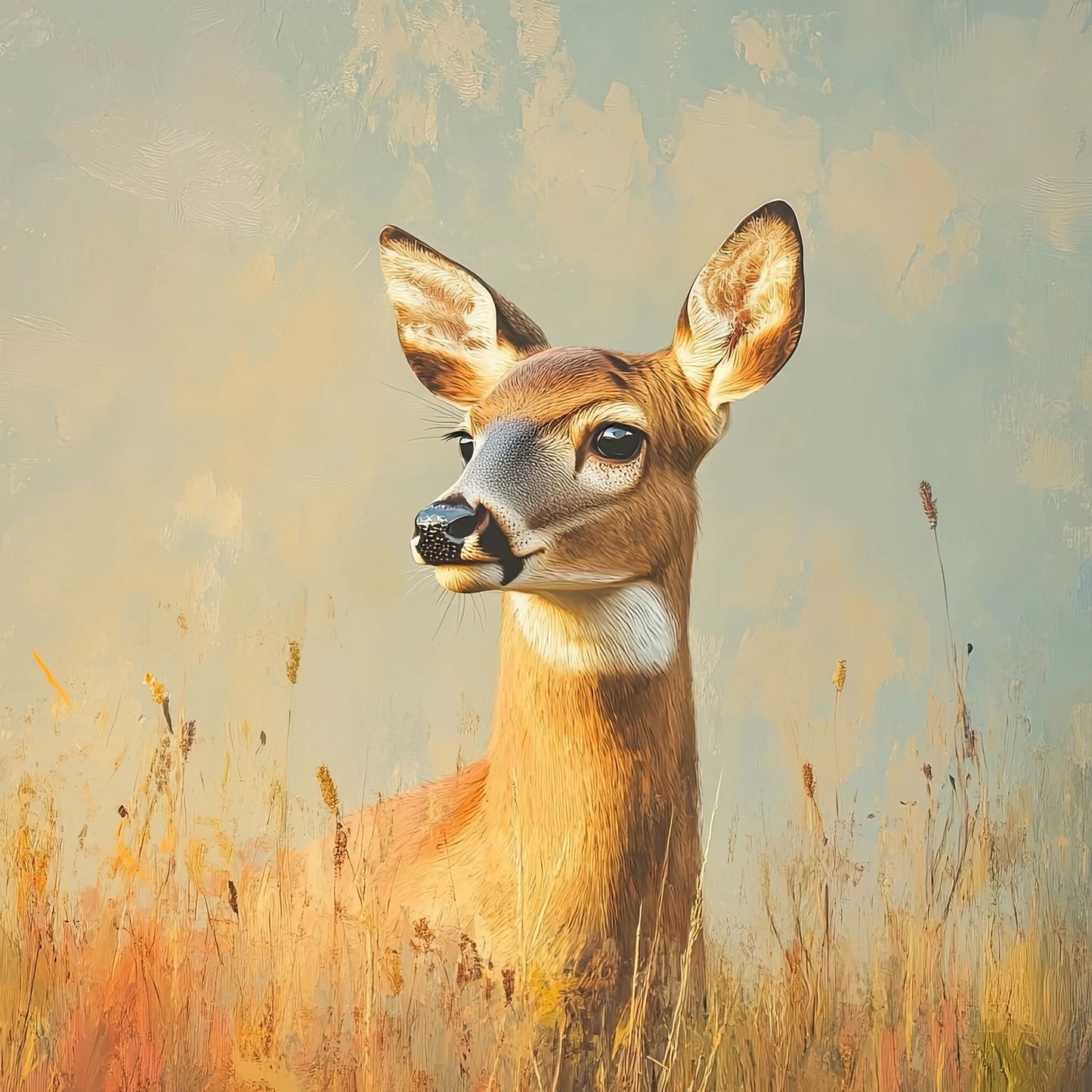 Kunstwerk van ree in oranje grasveld met rustige achtergrond en natuurlijke uitstraling