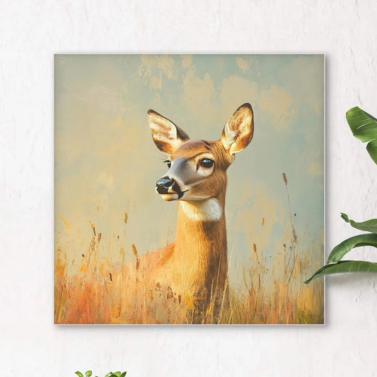 Detail van ree in hoog gras met zachte zonlicht en pastelblauwe lucht