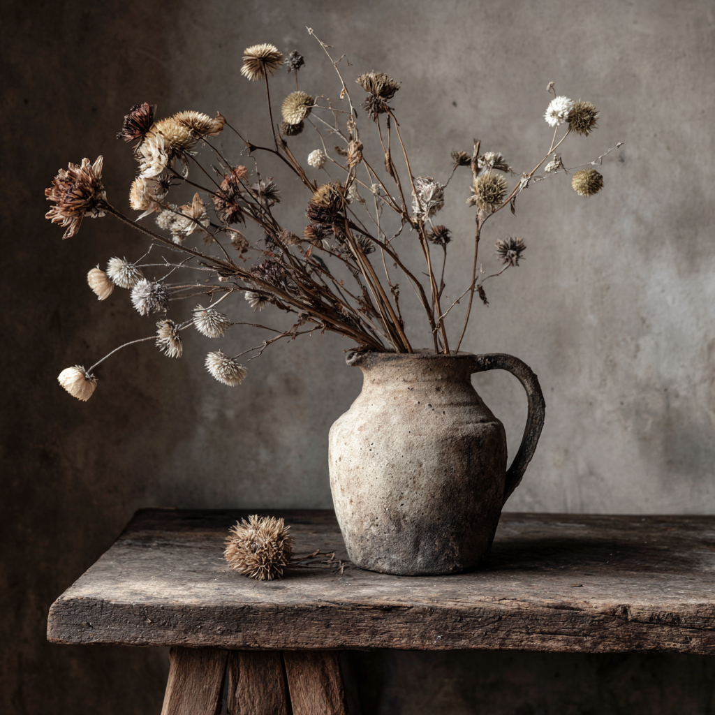 Volledig kunstwerk Verweven Tijd met stilleven van kruik en bloemen in natuurlijke tinten