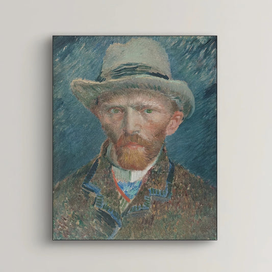 Detail van Van Goghs zelfportret met grijze hoed, rood haar en indringende blauwe ogen