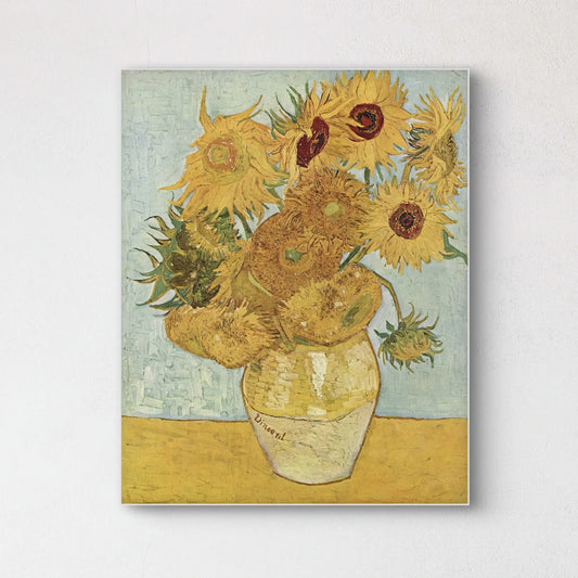 Detail van Van Goghs “Zonnebloemen” met textuur, gele bloemblaadjes en okergele tinten