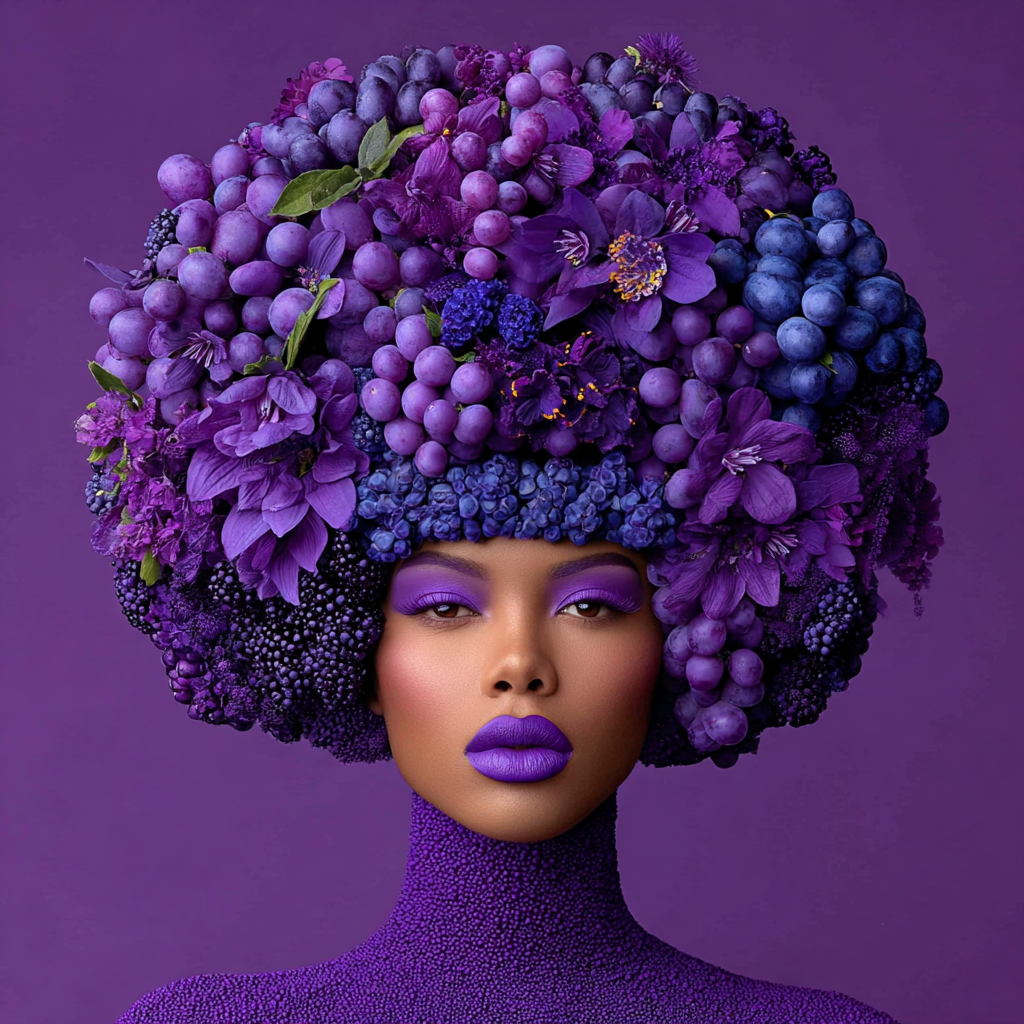 Volledige weergave van Violetta, expressief portret in rijke paarstinten met moderne uitstraling