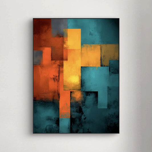 Detail van schilderij Vlam van Cyan met contrasterende lagen in oranje en diepblauw