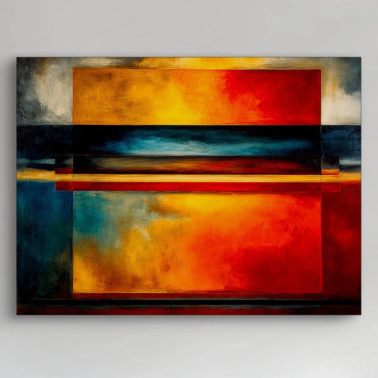 Detail van abstract schilderij met penseelstreken in rood, oranje, blauw en goud