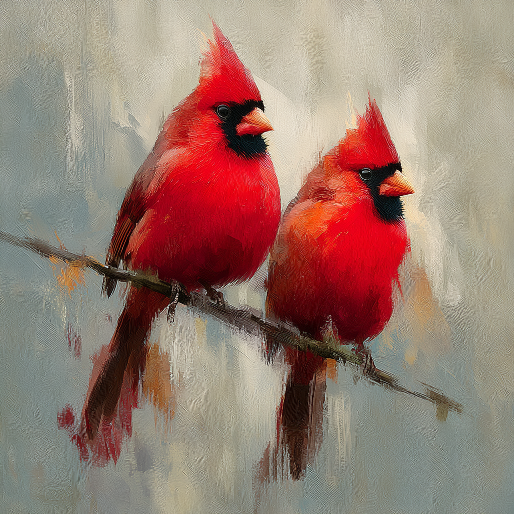 Volledige weergave van Vlam van Twee met twee rode kardinalen naast elkaar op een tak
