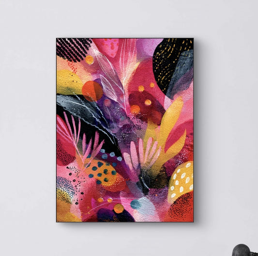 Detail van kleurrijke abstracte vormen in roze, rood en goud uit het kunstwerk Vlam van Verbeelding