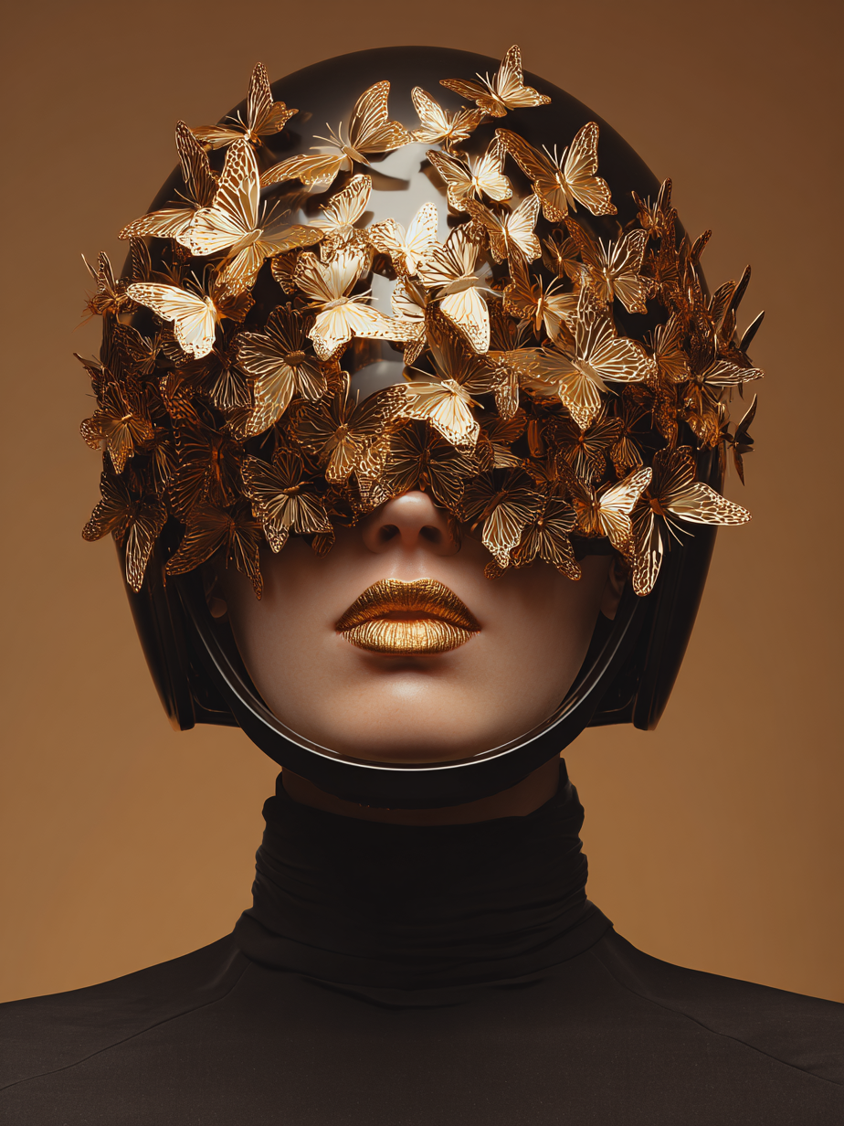 Volledige weergave van Vlinderscherm met vrouw, zwarte col en vizier van vlinders