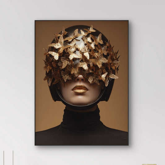 Detail van Vlinderscherm met vrouw en gouden vlinders die haar ogen bedekken