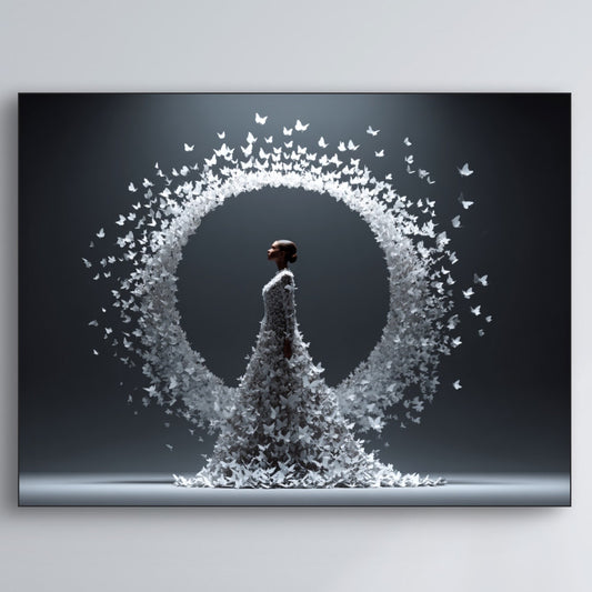 Detail van Vluchtcirkel met vrouw omringd door witte vlinders in cirkelvorm