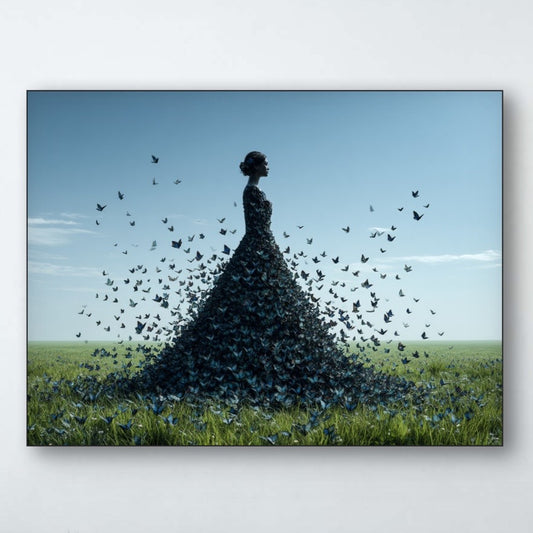 Detail van Vluchtdroom wandkunst met vlinders en subtiele texturen in blauwgroene tonen