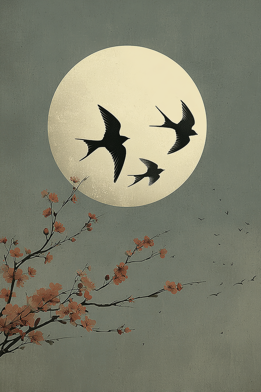 Minimalistisch wandkunstwerk met zwaluwen, volle maan en bloesem in zachte tinten