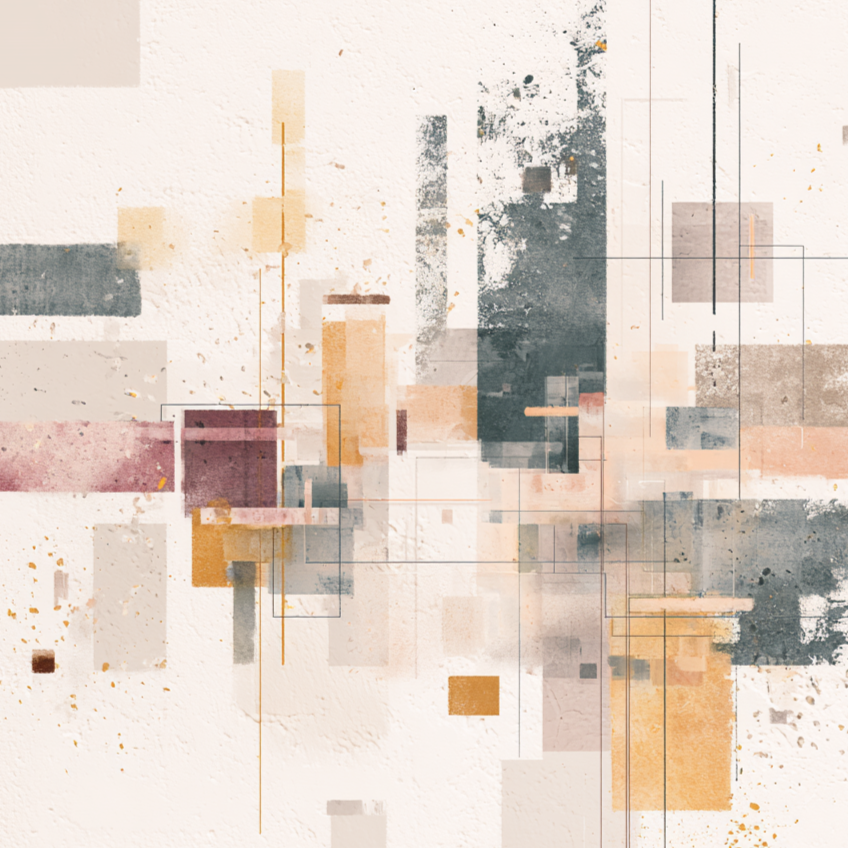 Abstract schilderij in beige, roze, oker en grijs tinten met moderne lijnen en rustige compositie