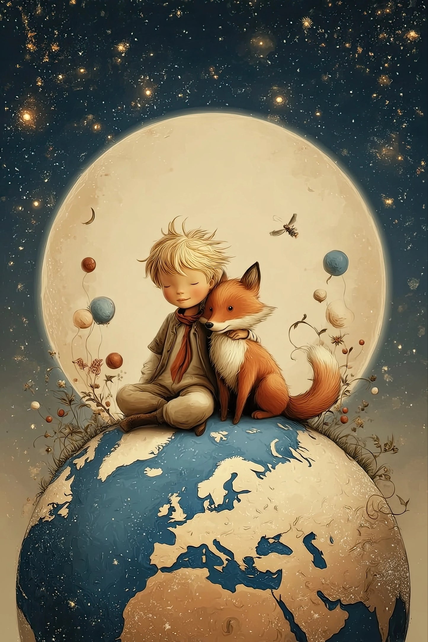 Illustratie van een jongen en vos op een wereldbol bij volle maan, omringd door sterren en ballonnen