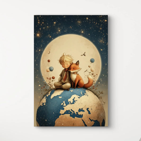 Detail van jongetje en vosje zittend op een wereldbol, met sterren en ballonnen op de achtergrond