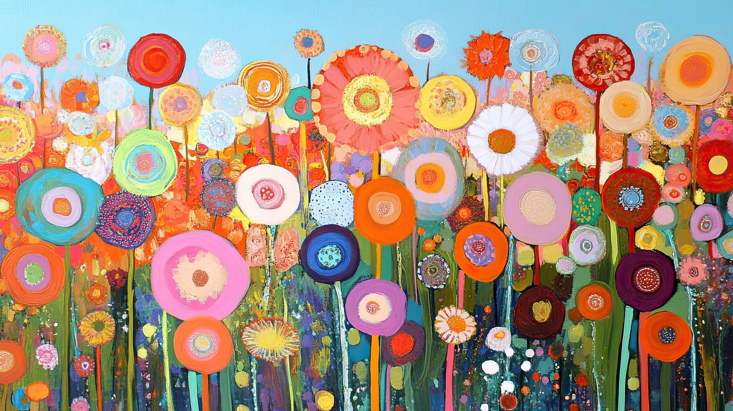 Vrolijk bloemenveld in roze, oranje, geel, rood, blauw en groen op helderblauwe achtergrond