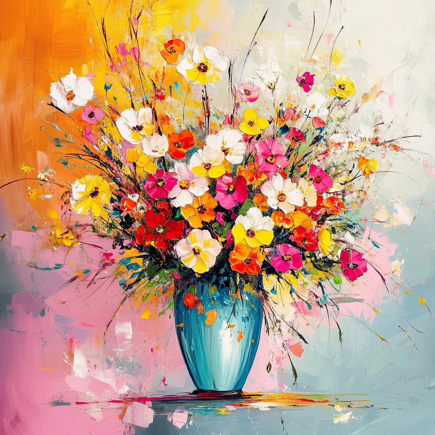 Volledige weergave van het kunstwerk “Vrolijke Vlaag” met abstract bloemstuk in geel, roze en blauw