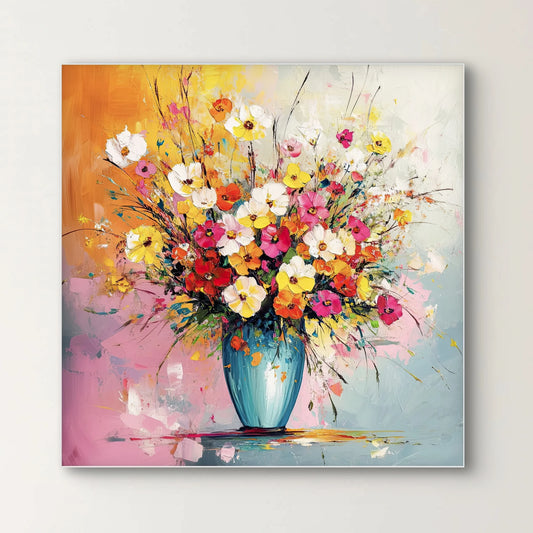 Detail van kleurrijk boeket in blauwe vaas uit het kunstwerk “Vrolijke Vlaag” met felle verfstreken