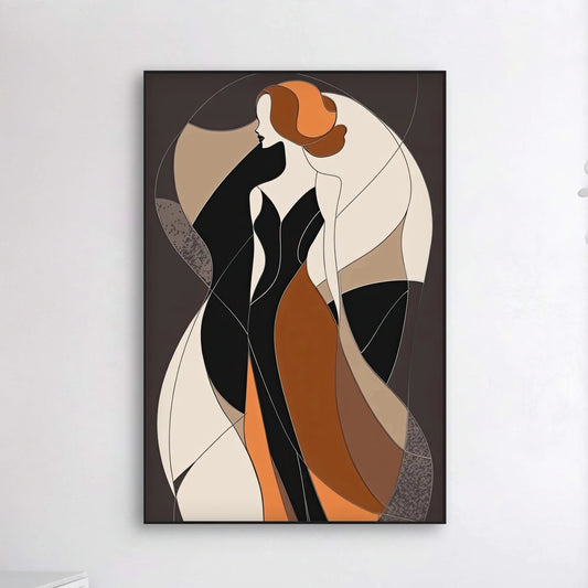 Detail van gestileerde vrouw in zwart, beige, bruin en oranje lijnen tegen donkere achtergrond