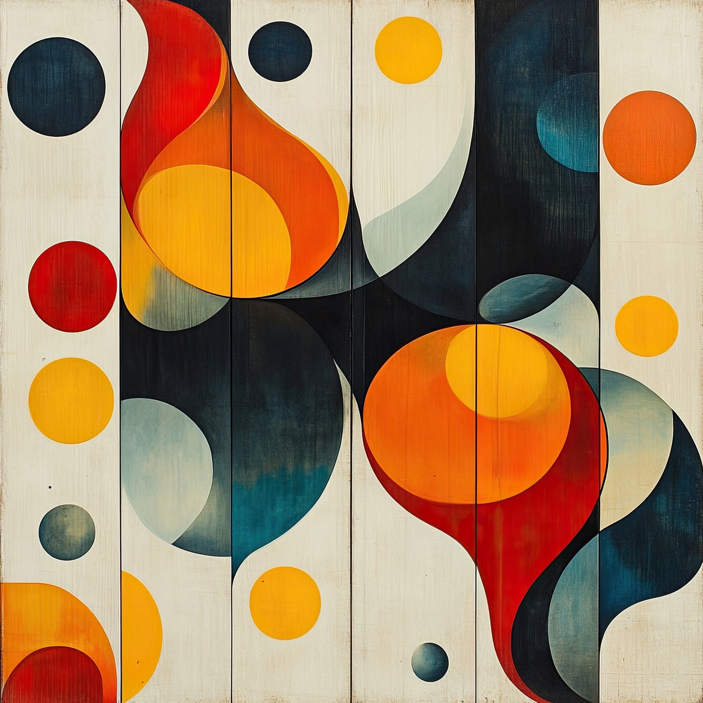 Abstracte compositie van cirkels en vloeiende lijnen in warm rood, geel en blauwgroen