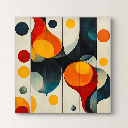 Detail van retrovormen in rood, oranje, geel en blauwgroen op lichte achtergrond