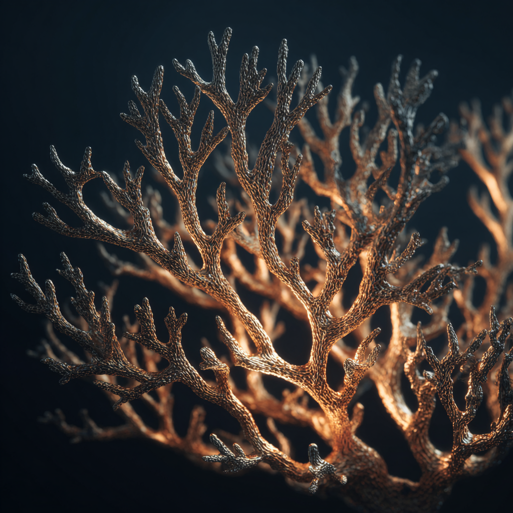Abstract kunstwerk van verlicht koraal in warme koper- en bruintinten tegen donkere achtergrond