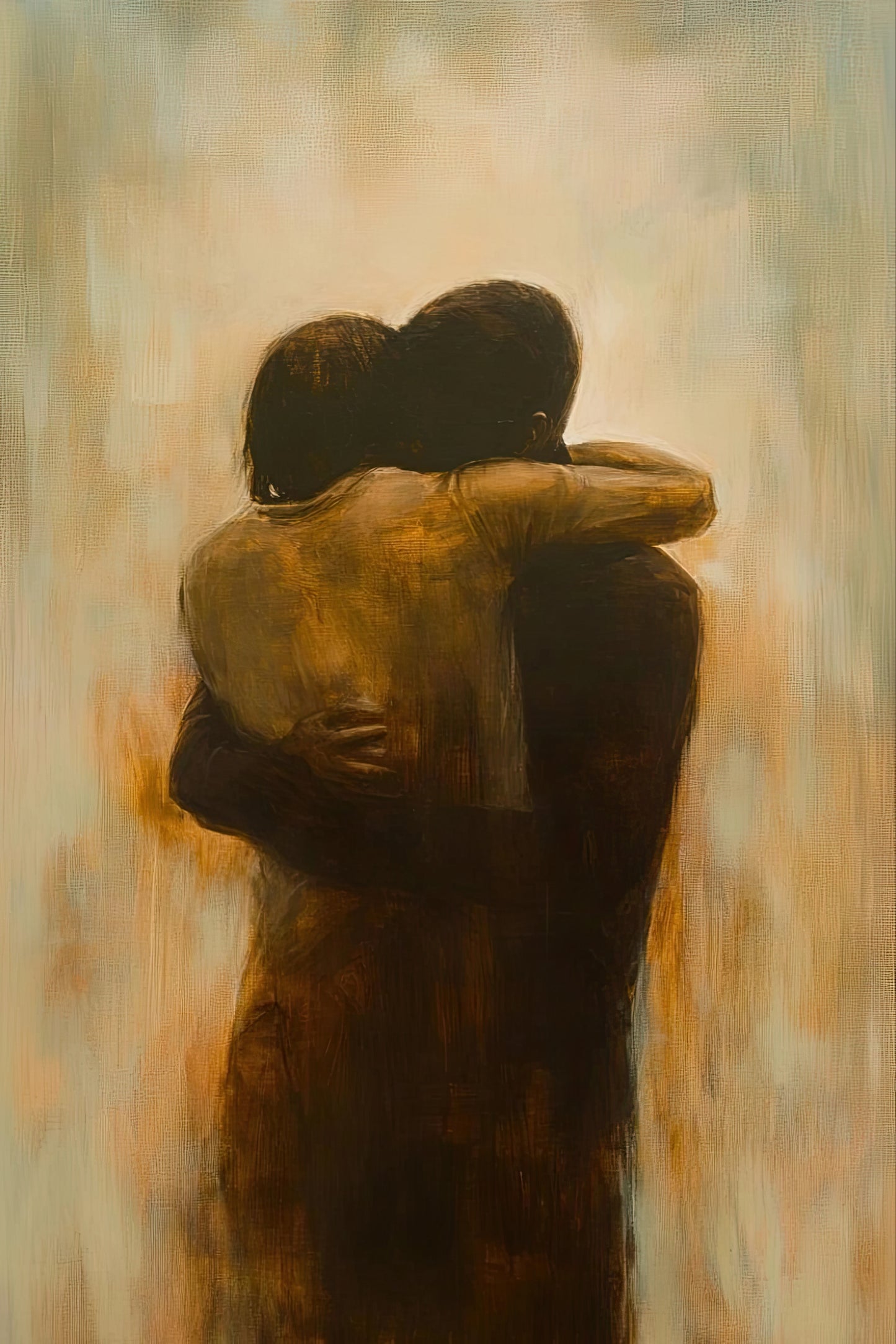 Volledige weergave van Waar Woorden Stoppen met twee omhelzende silhouetten in warme bruin- en beigetinten