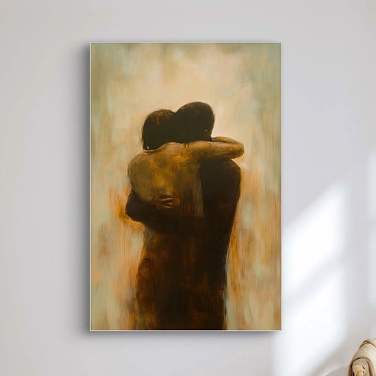 Detail van Waar Woorden Stoppen met omhelzende figuren in zachte, vervagende aardetinten