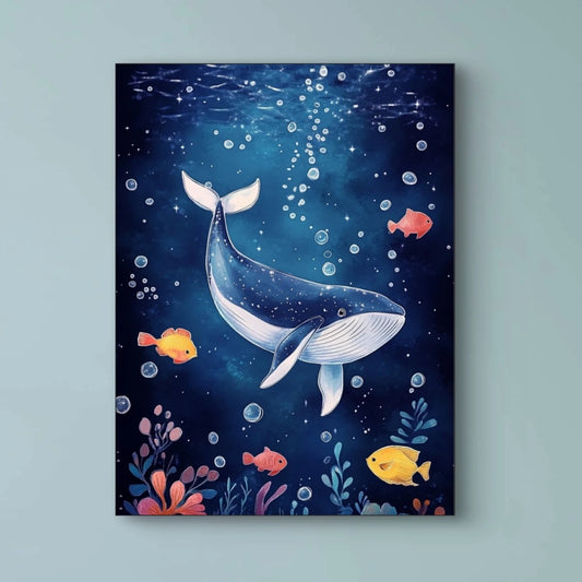 Detail van blauwe walvis en vissen in een sprookjesachtige onderwaterwereld