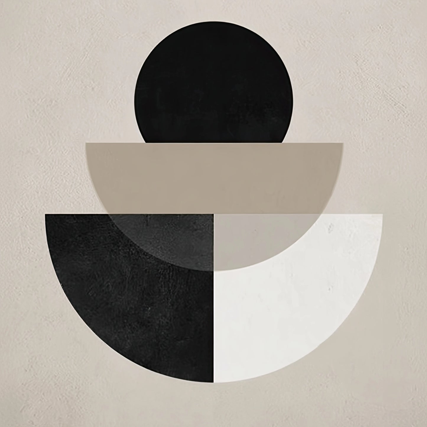 Volledige weergave van minimalistisch kunstwerk “Wanneer vormen fluisteren” met geometrische vormen in zachte contrasten