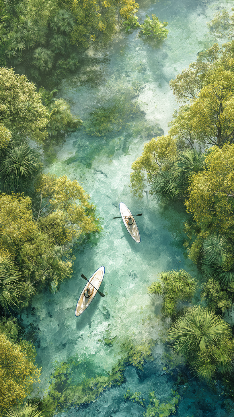 Landschapskunstwerk met luchtperspectief van kano’s op helder water tussen groene bomen