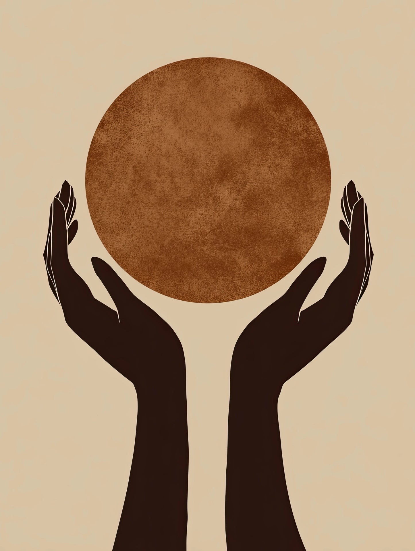 Volledige weergave van kunstwerk “Wat wij dragen” met donkere handen en een ronde zon in aardetint op neutrale achtergrond