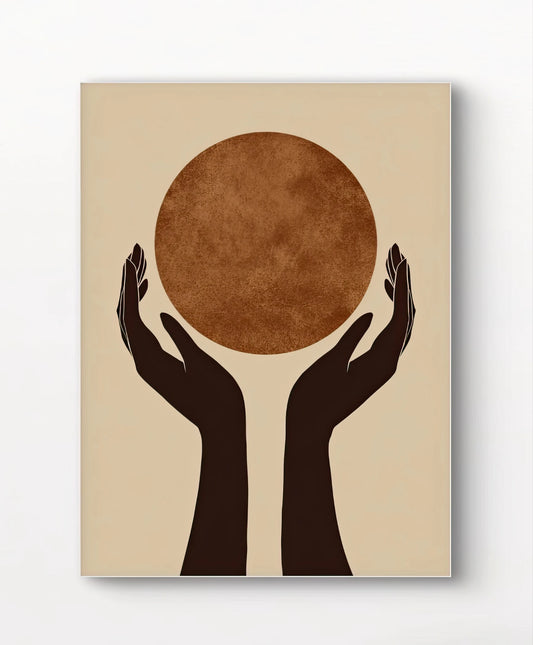 Detail van een grafisch werk met silhouetten van handen en een warme cirkelvorm op beige achtergrond