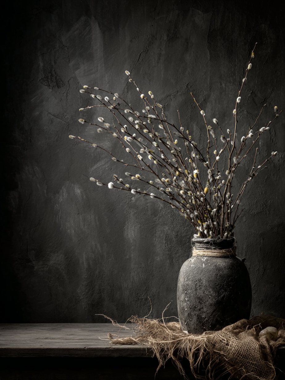 Kunstwerk Wekroep van Aarde met donkere vaas, houten tafel en tere takken in zachte aardetinten.