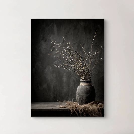 Detail van het kunstwerk Wekroep van Aarde met donkere vaas en takken met witte katjes.