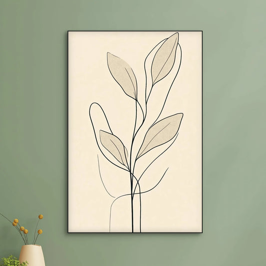 Detail van lijnillustratie van een tak met bladeren in zwart op een beige achtergrond met zachte textuur