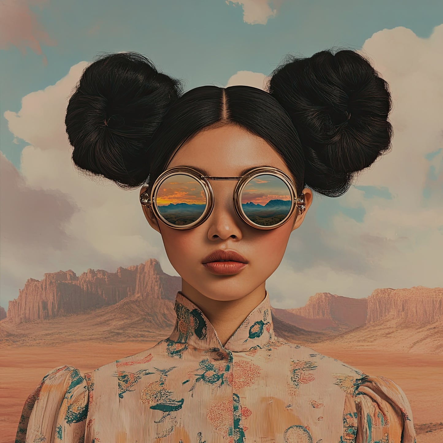 Volledige weergave van Woestijnvisie met vrouw in kimono, spiegelbril en woestijn op de achtergrond