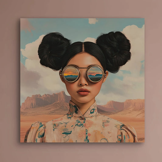 Detail van Woestijnvisie met vrouw, reflecterende bril en woestijnlandschap